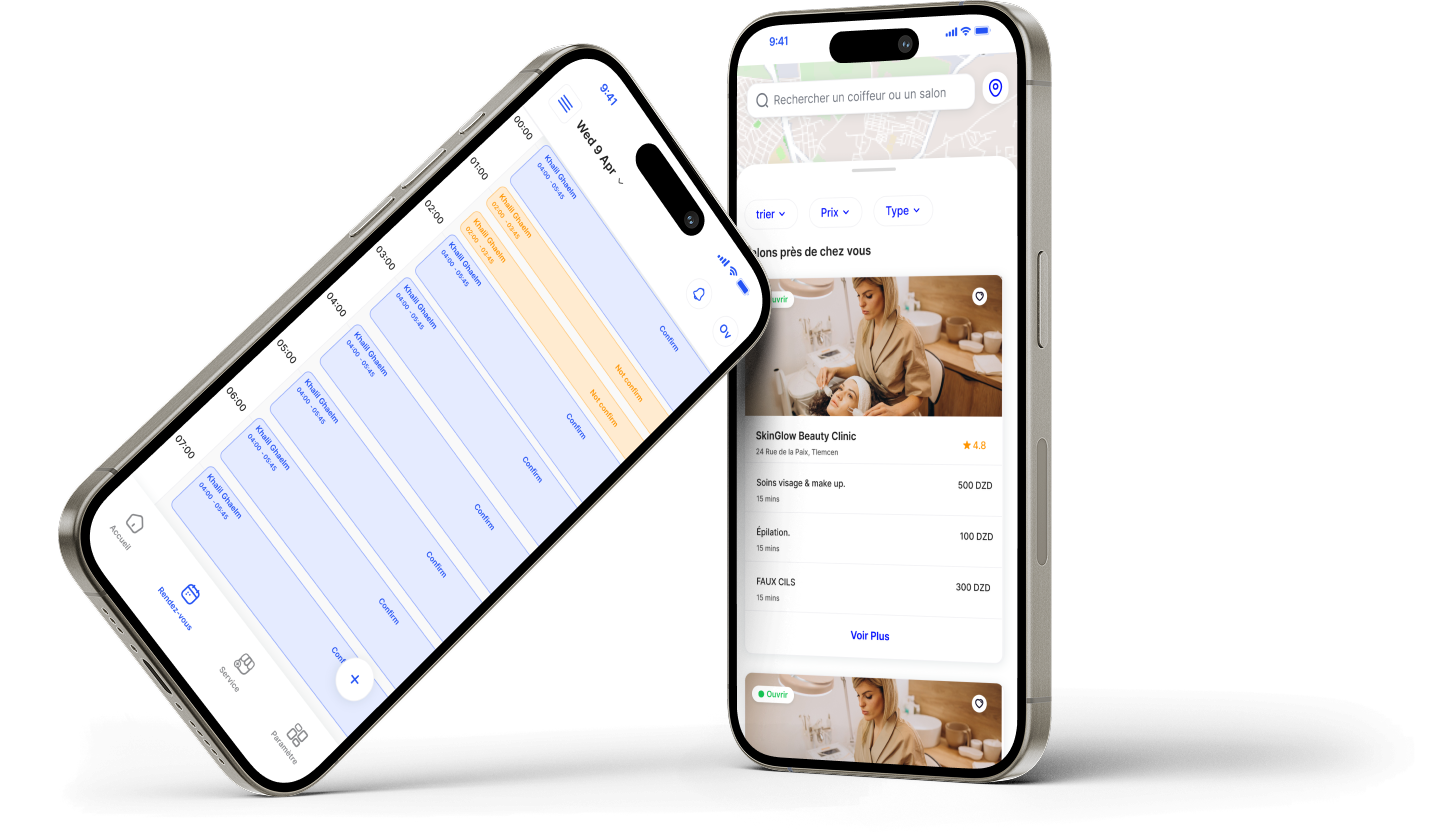 Ajoutez, modifiez et organisez vos services.
Définissez vos horaires, vos pauses et vos disponibilités d’un simple geste.
